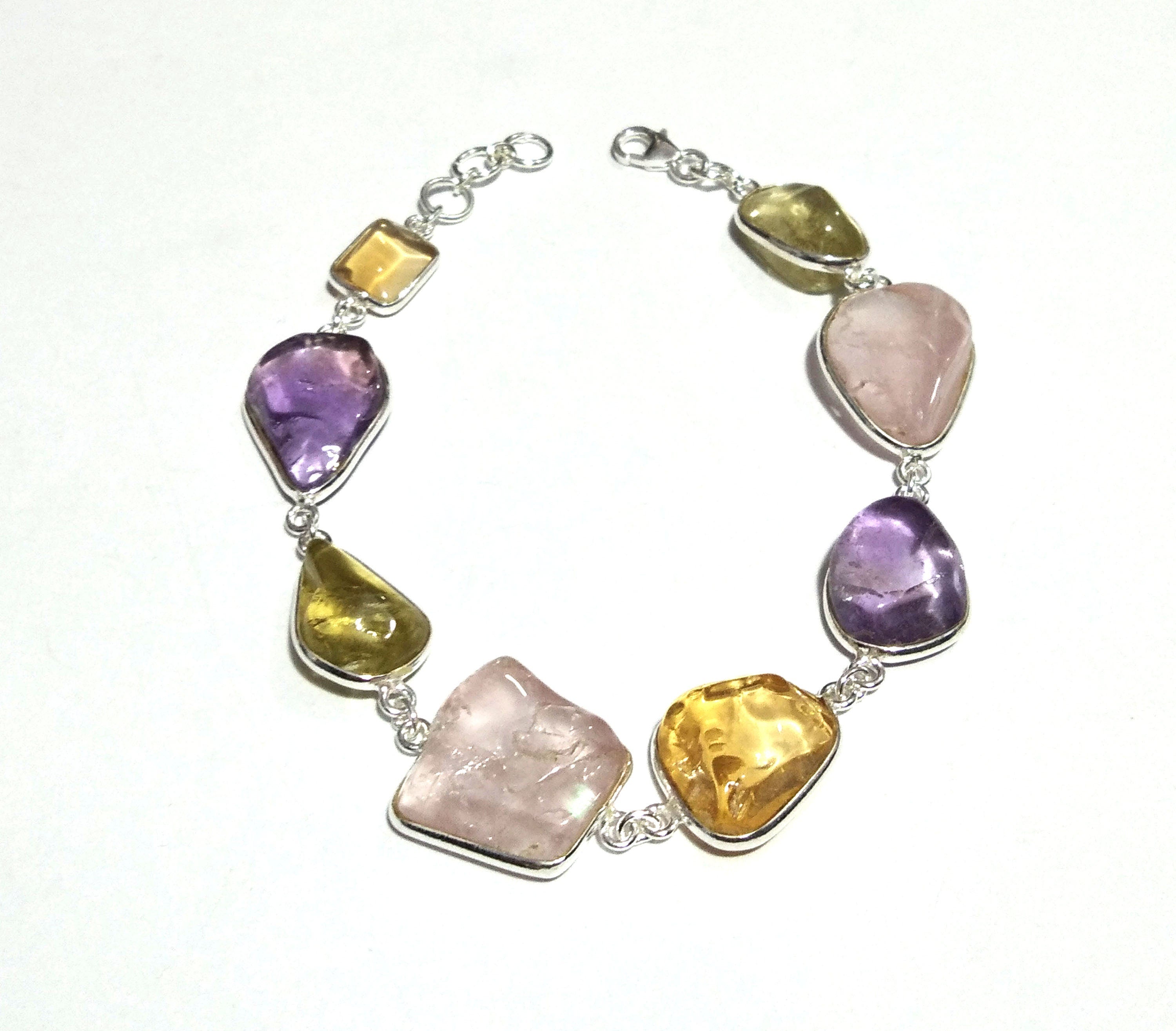 Natural Amethyst/Rose Quartz/Lemon Quartz Tumbled Stone Bracelet, 925 Sterling Silver Bracelet, 8 inches Multi Color Stone Wedding Bracelet